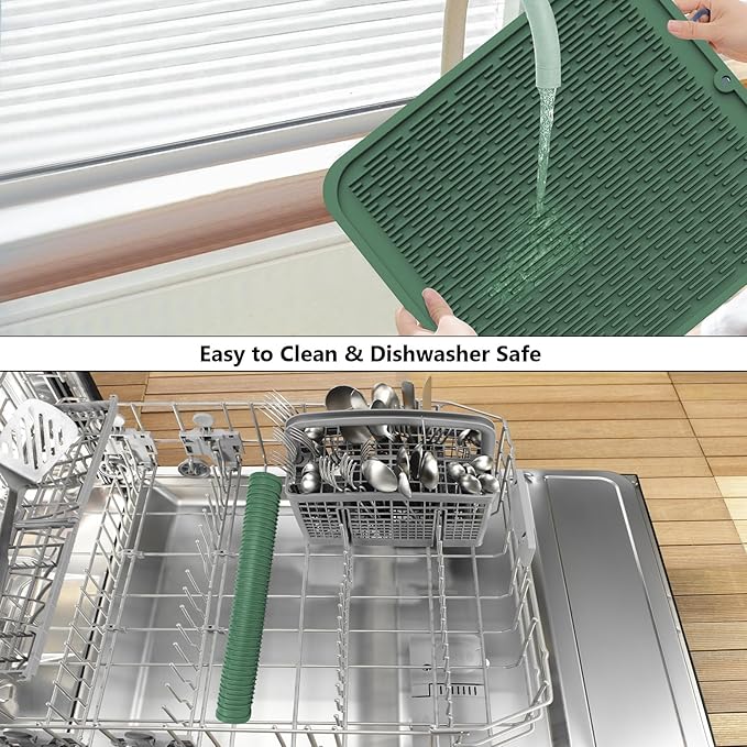 ZLR Silicone Dish Drying Mat for Kitchen Counter, Eco-Friendly Fast Dry Dish Mat, Easy Clean Multi Usage Drying Matt, Heat Resistant Trivet, 16" x 18" XL, Dark Green