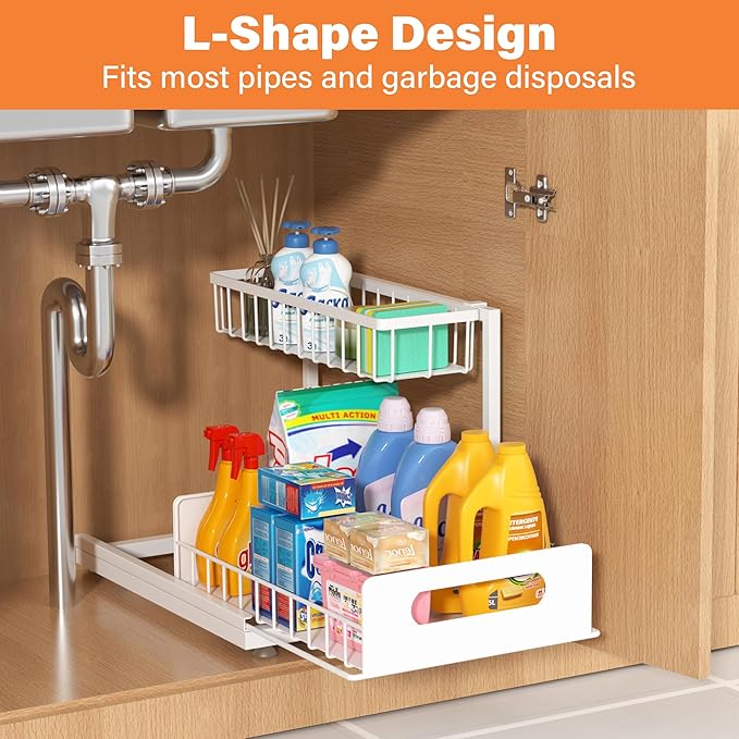 2 Pack Under Sink Organizer, 2 Tier Pull Out Cabinet Organizer,Slide out Metal Cabinet Organizers Multi-Purpose Drawer Shelf for Kitchen Bathroom Pantry Cabinet Closet Organization Rack,White