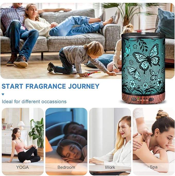 Essential Oil Diffuser Metal Aromatherapy Diffuser, Cool Mist Diffuser with 7 Color Lights for Home Office Spa (Big Butterfly)