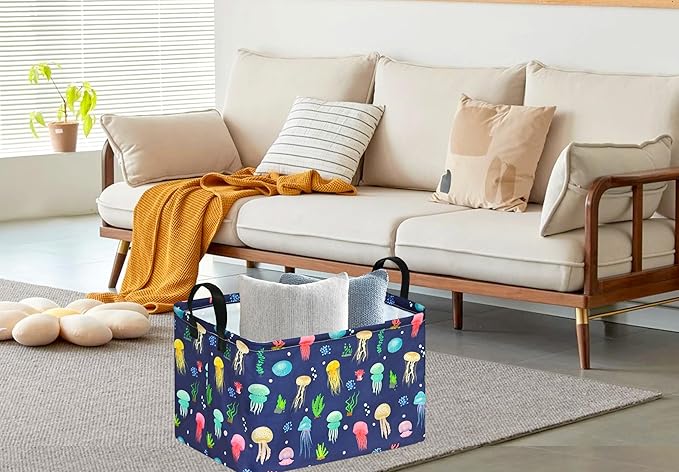 KUNRO Rectang Storage Basket Gift Shelf Basket Storage Bin, Nursery Basket Organizer Box for With Handles for Room Deco (Colorful Jellyfish)