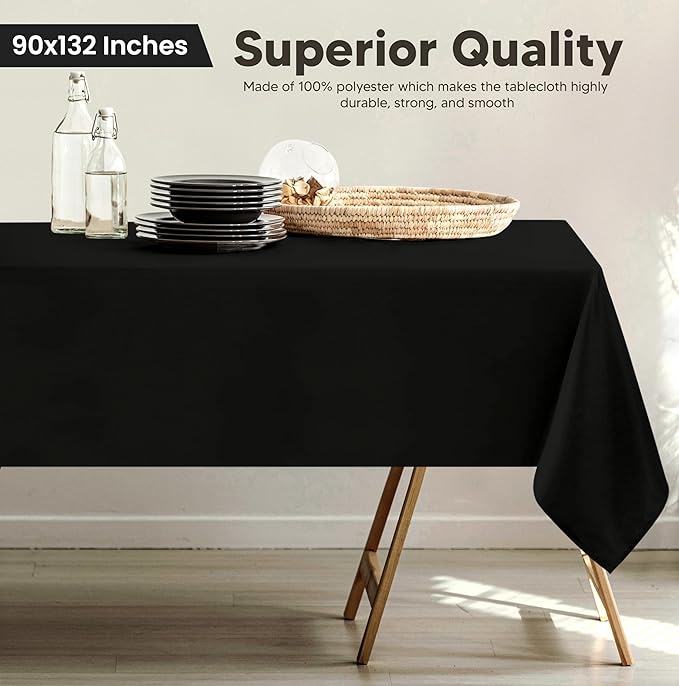 Utopia Kitchen 직사각형 식탁보 1개(90x132인치, 블랙), 식탁보 세탁기 사용 가능, 식사, 뷔페 파티, 피크닉, 행사, 결혼식 및 레스토랑용 폴리에스터 식탁보