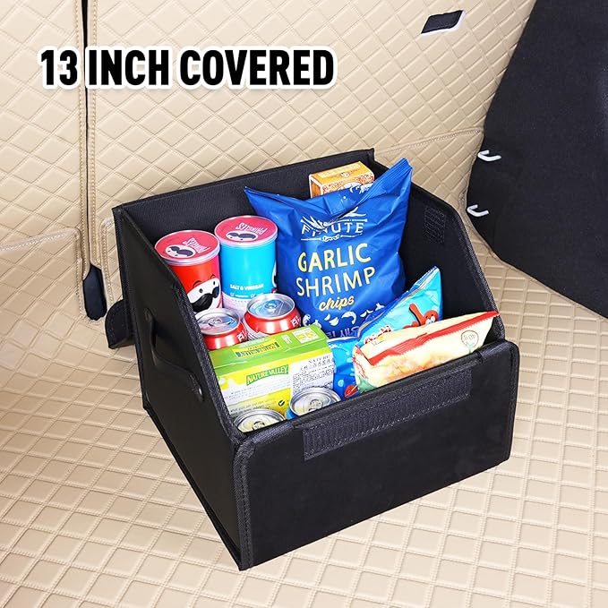 SUV car organizers and storage, sedan trunk organizer, foldable sleek leather box with lid, collapsible cargo bins, tool accessories containers, collapsible suede velvet (13 inch covered)