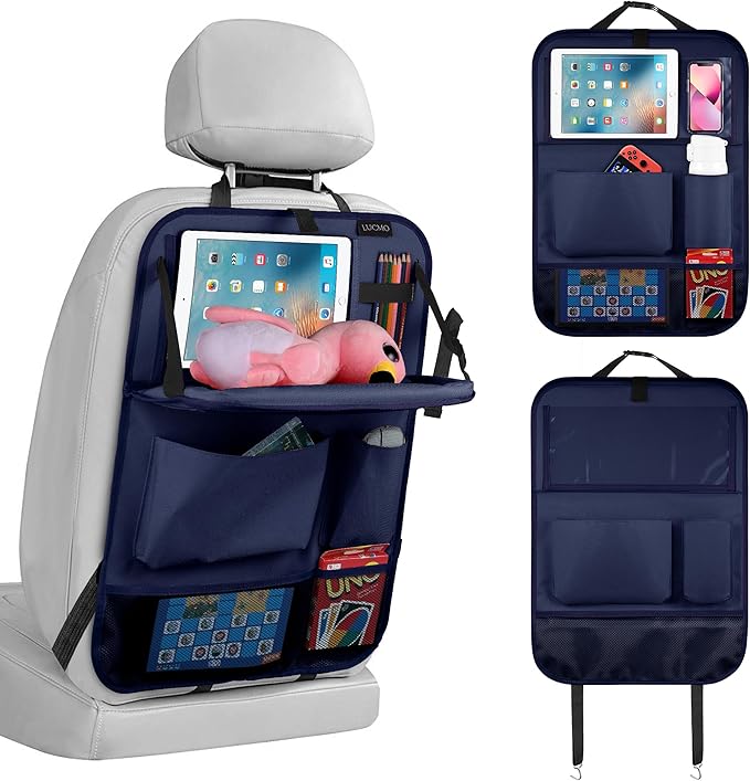 LUCMO Car Backseat Organizer with Tablet Holder, 6 Storage Pockets Car Storage Organizer with Foldable Food Tray, Seat Protectors Kick Mats Travel Accessories - Dark Blue