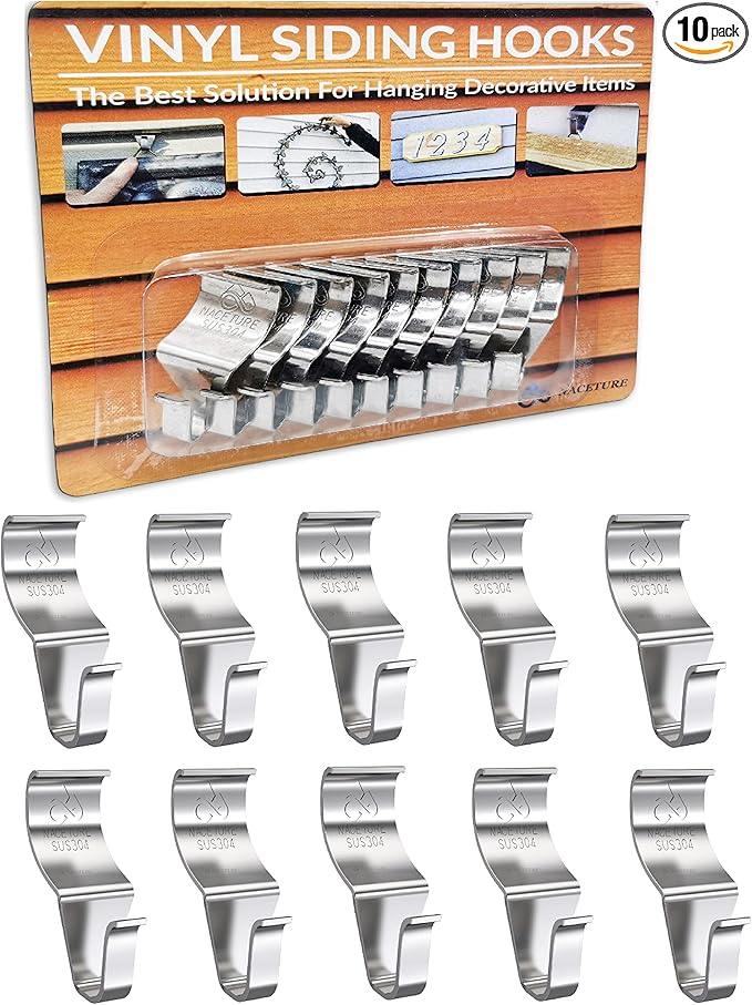 NACETURE Vinyl Siding Hooks Hanger (10 Pack) | No Drill Vinyl Hooks for Hanging Outdoor Decor, Sliver