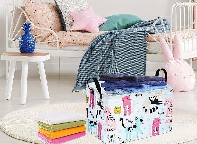 Rectangle Gift Storage Basket Home Shelf Storage Basket Organizer Box Clothes Laundry Hamper Nursery Basket Laundry Basket with Handles (Cat)