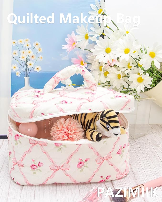 PAZIMIIK Quilted Makeup Bag Large Travel Zipper Soft Cosmetic Case for Women Girls Make Up, Bow Rose