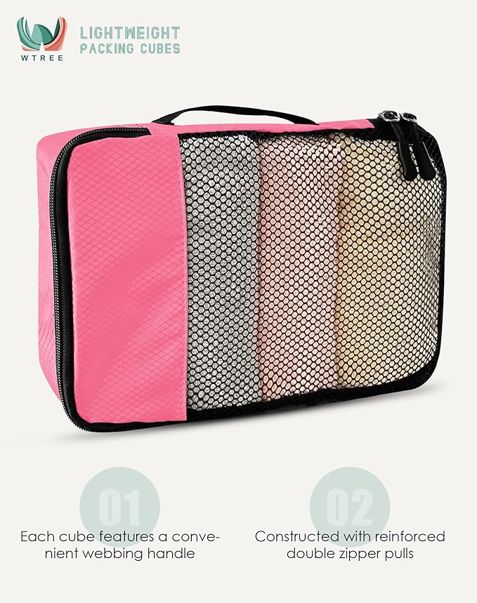 4-Piece Packing Cubes Travel Accessories Set for Suitcases - Luggage Organizer Bags with Double Zipper - Mesh Top - Small/Medium/Large/Slim - Pink