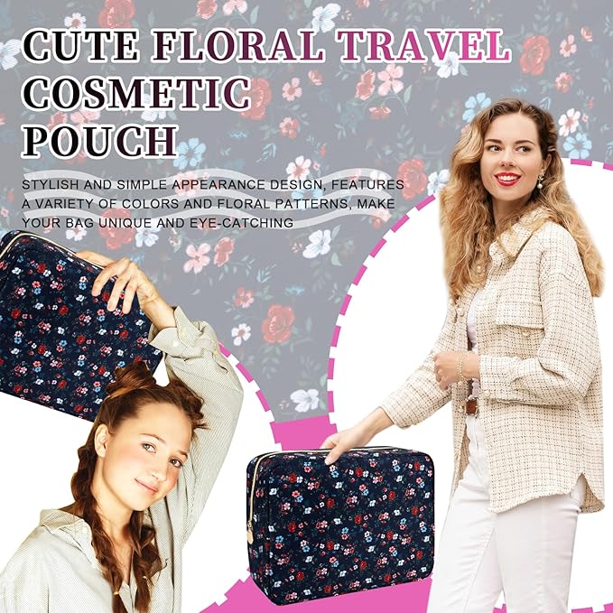 Waterproof Nylon Large Makeup Bag Travel Pouch, Floral Preppy Big Cosmetic Bag Make Up Organizer Toiletry Bag with Zipper, Large Capacity Cute Zipper Pouch Storage Bag for Women Girls(Black Rose)