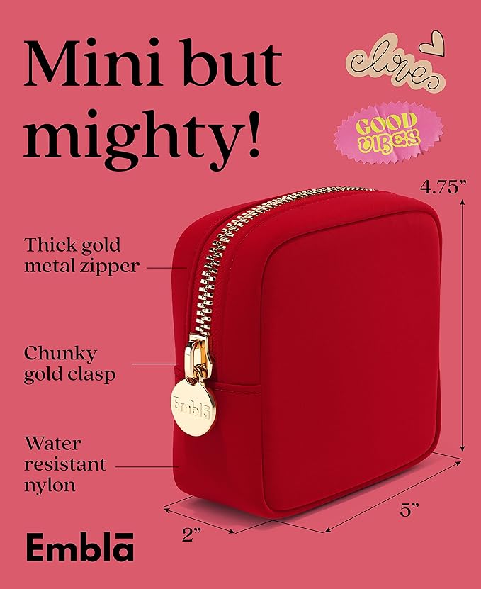 Embla Makeup Bag Travel Cosmetics Pouch and Toiletry Bag, Nylon Zipper Pouch Purse, Cute Make Up Organizer Storage Tote for Women Girls, Waterproof Travel Skincare Case, Small Makeup Bags, Ruby Red