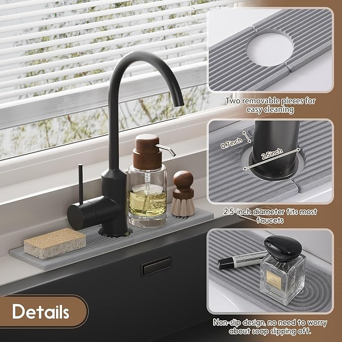 Faucet Mat for Kitchen Sink, Diatomite Quick Drying Tray, 15.8 Inch Kitchen Sink Splash Guard and Bathroom Stone Tray for Counter. Super Absorbent. Deep Grey