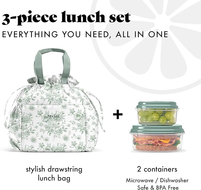 Fit & Fresh Cromwell Drawstring Lunch Bag for Women, Complete Lunch Set with 2 Containers, Stain-Resistant, Leak-Resistant, Back to School Essential, Teacher Lunchbox, Sage Floral Toile