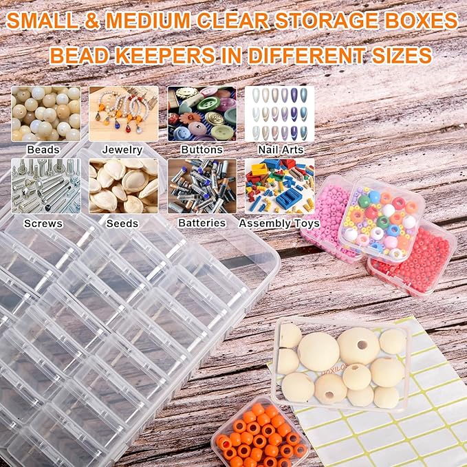 46Pcs Bead Organizer Set, Premium Small and Medium Clear Plastic Storage Boxes for Jewelry Making Crafts Screws Seeds DIY Bracelets Diamond Small Parts, Stackable Containers with Hinged Lid and Labels
