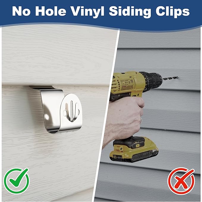 ANDGOO Vinyl Siding Hooks Heavy Duty, 8 Pack Stainless Siding Clips, No Hole Hooks Vinyl Hangers with String Light Holes for Hanging Outdoor Decor, Wreath, String Lights, Holds Up to 20lbs