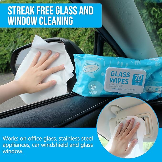 Air Jungles Glass and Window Cleaner Wipes 70 Count (Pack of 2), Extra Large 8" x 10" Size Cleaning Wipes for Car Windshield, Headlight, Mirror, Tile and Home Glass Surface
