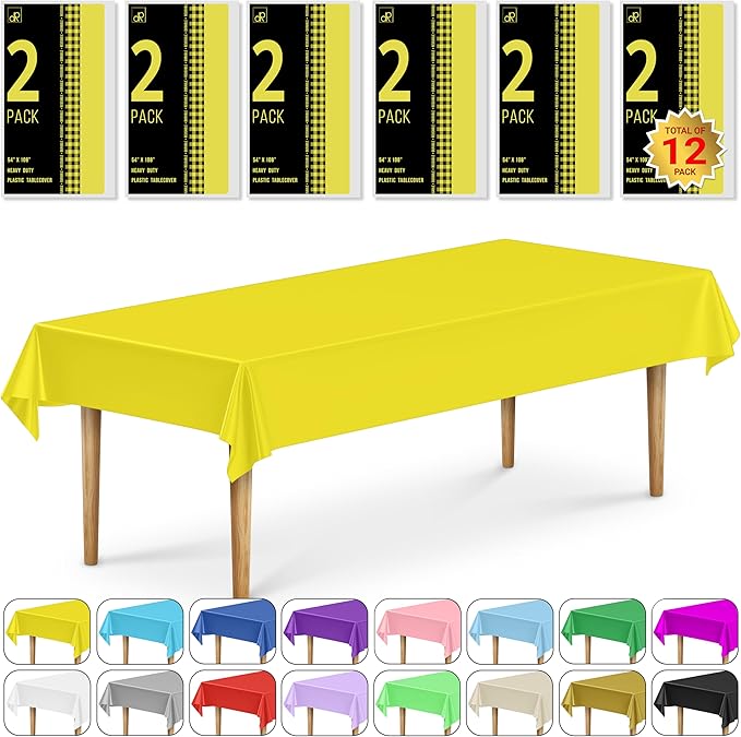 DecorRack 12 Rectangular Tablecloths BPA-Free Plastic, 54 x 108 inch, Dining Table Cloth, Rectangle Table Cover for Parties, Picnic, Camping and Outdoor, Disposable or Reusable, Yellow (12 Pack)