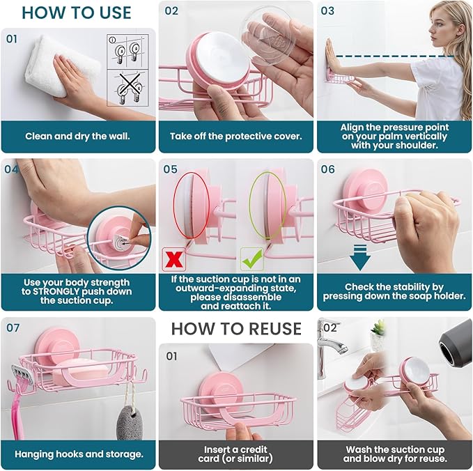 TAILI Soap Bar Holder Dish with Hooks, Shower Soap Tray Saver Suction Cup with Razor Holder for Wall, Rustproof Stainless Steel Bath Shampoo Caddy for Bathroom Accessories Organizer,Pink