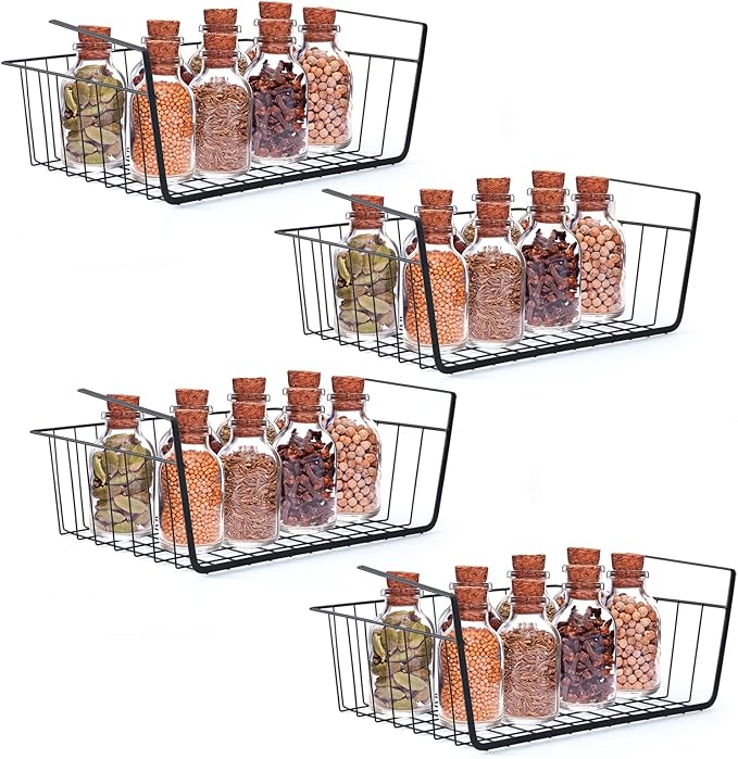 ELEATTRUN Undershelf Storage Basket Under Shelf Wire Basket Household Metal Under Shelf Hanging Storage Bin Basket Slides Under Shelves for Storage Space Saving for Kitchen Pantry Bookshelf 4 PCS