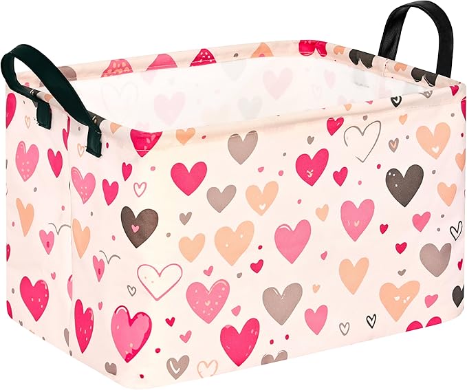 KUNRO Rectang Heart Valentine's Storage Basket Gift Shelf Basket Storage Bin, Nursery Basket Organizer Box for With Handles for Room Deco