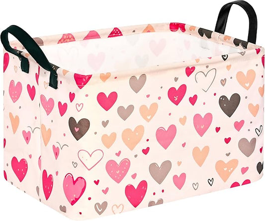 KUNRO Rectang Heart Valentine's Storage Basket Gift Shelf Basket Storage Bin, Nursery Basket Organizer Box for With Handles for Room Deco