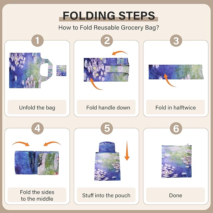 Reusable Grocery Bags, Oil Painting Art Tote Bags With Carry Pouch Waterproof Shopping Bags for Travel Daily Use