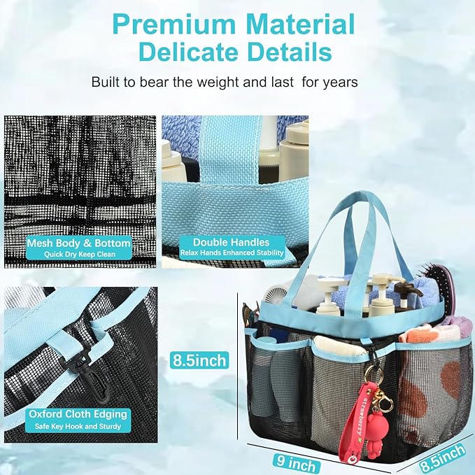 Haundry Mesh Shower Caddy Tote, Large College Dorm Bathroom Organizer with 8 Pockets, Hanging Portable Tote Bag for College Dorm Room Essentials, Beach, Swimming, Gym, Camping