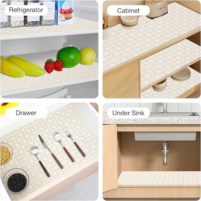 Drawer and Shelf Liner for Kitchen Cabinet,Non-Adhesive Cabinet Liner 24in x 10FT,Waterproof Shelf Paper Non-Slip Mats Cupboard Liners Contact Protect Dresser/Shelves/Table-Gold Octagonal