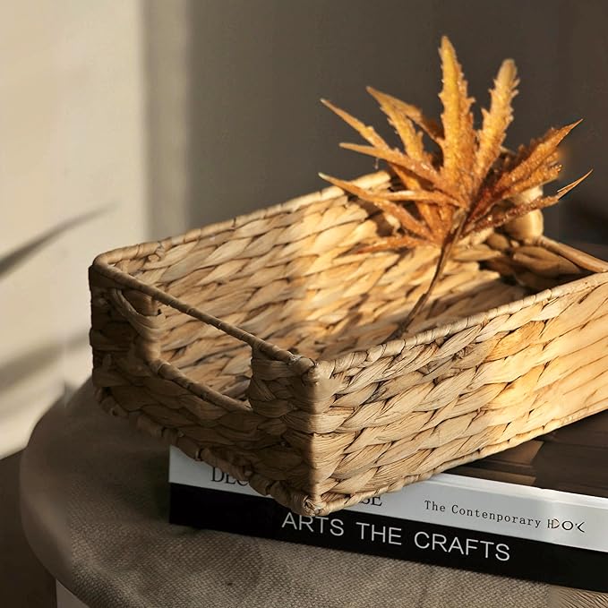 Water Hyacinth Storage Basket - Small Rustic Rectangle Woven basket Organizer with Handle for Home & Office Decor (Hyacinth)