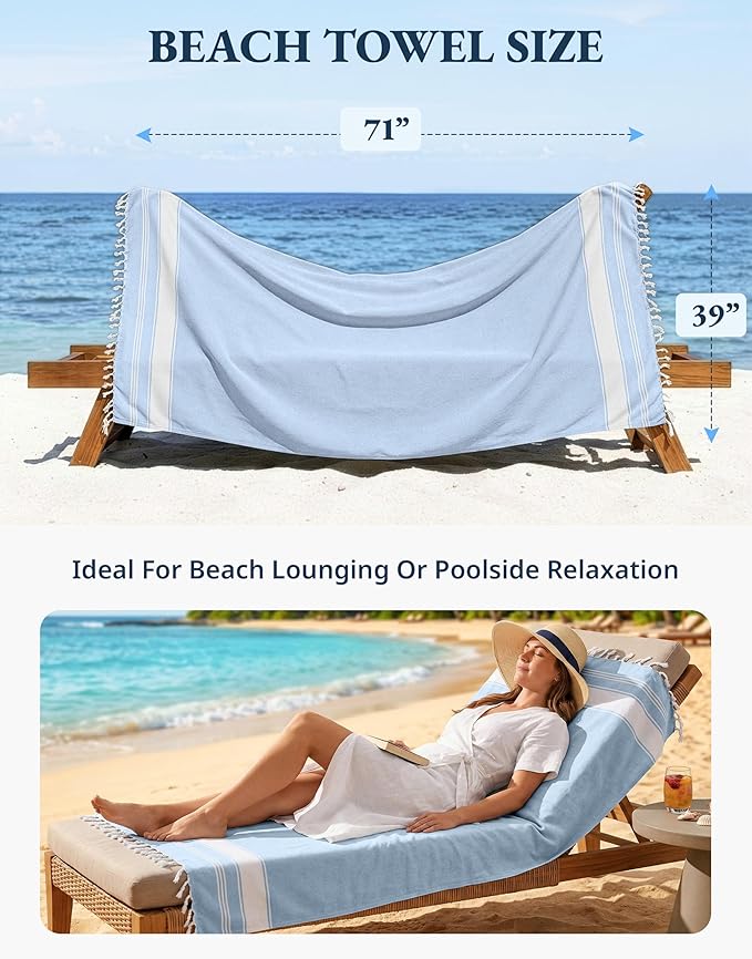 LANE LINEN Turkish Beach Towel, Oversized Beach Towel 39"x71", Lightweight Beach Essentials for Women, Large Pool Towel, Absorbent & Quick Dry, Sand Free Beach Towel - Sky Blue