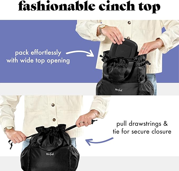 Fit & Fresh Cromwell Drawstring Lunch Bag for Women, Complete Lunch Set with 2 Containers, Stain-Resistant, Leak-Resistant, Back to School Essential, Teacher Lunchbox, Black