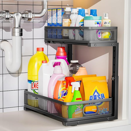Under Sink Organizer, Height-Adjustable 2-Tier Under Sink Organizers and Storage, Slide-Out Metal Cabinet Organizers, Pull-Out Sink Storage Drawer Shelf for Kitchen Bathroom Cabinet, Black, 1 Pack