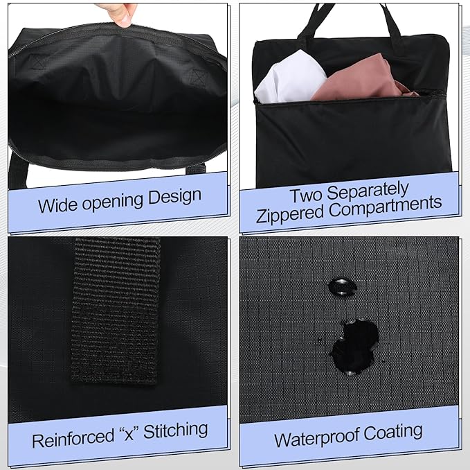 2 Pcs Travel Laundry Bags Waterproof with Handle Dirty Clothes Bag for Traveling Hanging Laundry Hamper with Two Zippered Pockets Washable Reusable for Sports Home Travel College Dorm (Black, Blue)