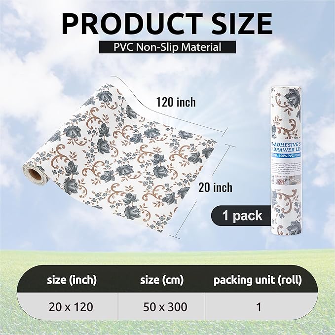 FIFTY FEET 20X120 Inch Shelf Liner for Kitchen Cabinets, PVC Drawer Liner for Dresser Non-Slip Bathroom, Non-Adhesive Cabinet Liner Washable (Black Floral)(1 Roll)