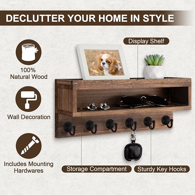 Key and Mail Holder Wall Mount, Key Hanger with Long Storage Box and 6 Hooks for Coat, Dog Leash, Home Decor Rack, House Accessories, Entry Way Organizer (Brown)