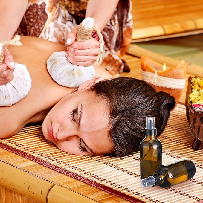 Fumete 2 Pack Glass Bottles 4oz Empty Refillable Liquid Containers with 1 Label 1 Funnel for Essential Oils Hair Travel Plants Cleaning Skin Care(Amber, Black Top,Mist Bottle)