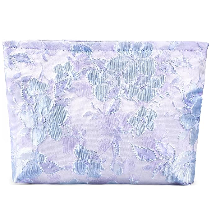 ZLFSRQ Flower Makeup Bag for Women Girls Teens Travel Cute Floral Cosmetic Bags Large Zipper Cosmetic Pouch Purse Portable Toiletry Bag Aesthetic Embossed Blue Purple Makeup Brushes Storage Organizer