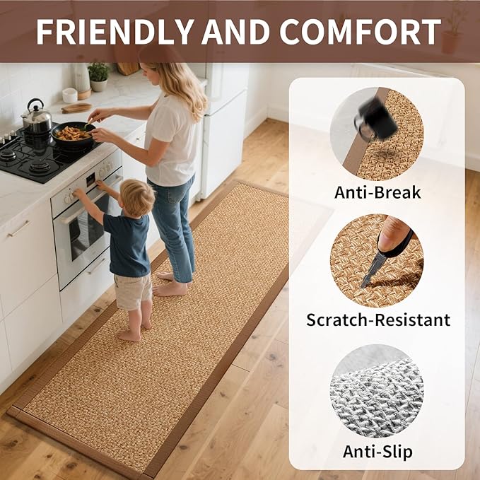 YDKGL Kitchen Mats for Floor, Rubber Backing Kitchen Rugs Non Slip Washable, Super Absorbent Jute-Like Braid Kitchen Runner Rug Sink Mat Standing Mat, Easy to Clean, Brown 17"x30"
