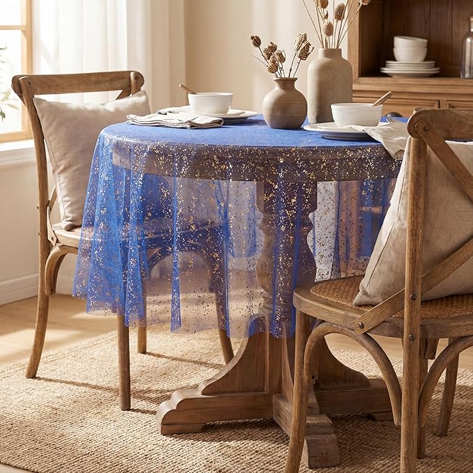 Horaldaily Royal Blue Gold Gauze Tablecloth 60x60 Inch Round, Golden Sequin Glitter Metallic Foil, Sheer Tulle Cheesecloth for Wedding Baby Shower Ceremony Birthday