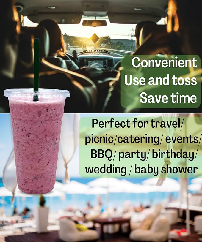 24 oz Clear Plastic Cups with Lids and STRAWS, Disposable Drinking Cups for Cold Drinks, Iced Coffee, Milkshakes, Smoothies, 25 Sets