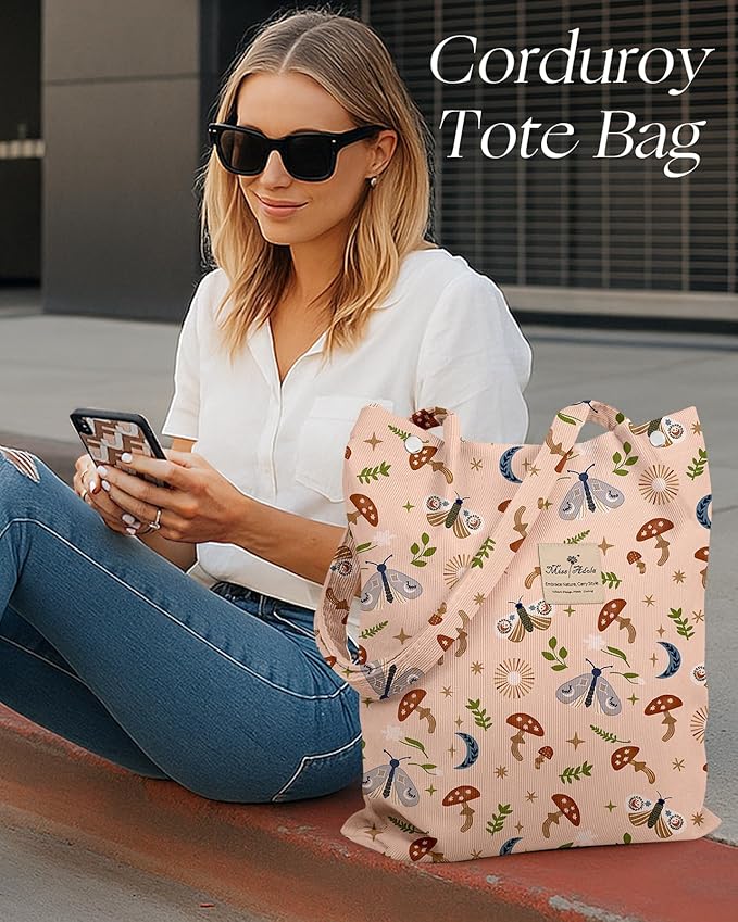 Miss Adola Corduroy Tote Bag for Women - Reusable Totes with Pocket & Buckle Cute Aesthetic Shoulder Bag for Work Travel