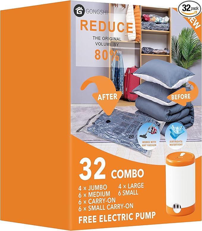 32 Pack Vacuum Storage Bags with Electric Pump Space Saver Bag for Clothes, Mattress, Blanket, Duvets, Pillows, Comforters, Travel