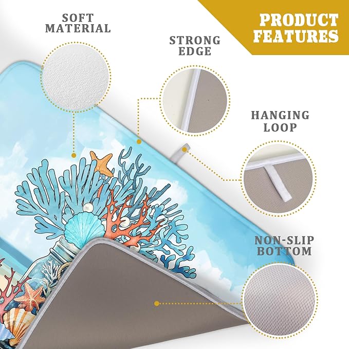 Coastal Coral Dish Drying Mat 18x24 inch Starfish Shell Fast Dry Microfiber Dish Rack Mats Drainer Pad for Countertop Kitchen Table Decor