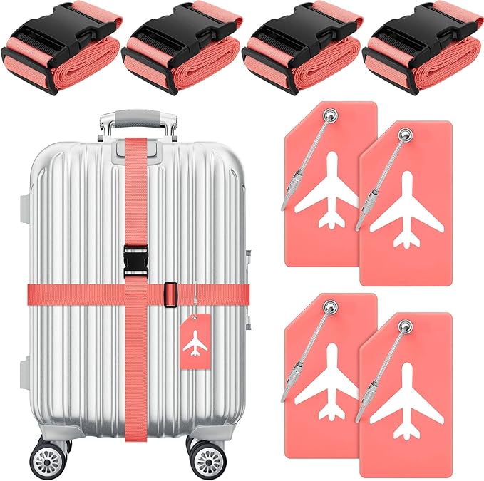 Weewooday 8 Pcs Luggage Straps Suitcase Tags Set for TSA Approved, 4 Travel Adjustable Suitcase Belt, 4 Silicone Luggage Tags with Name ID Card Travel Accessories(Dark Pink,Airplane)