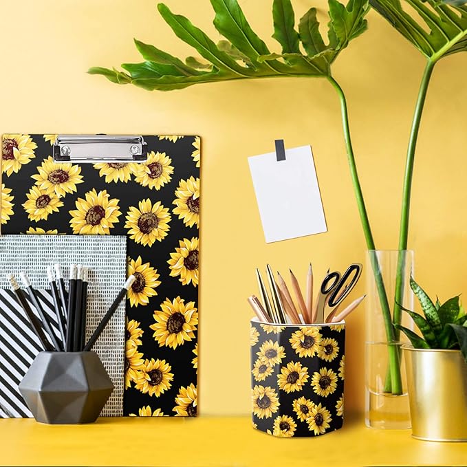 WAVEYU Pen Holder, Pencil Holder for Desk Floral Pattern Pencil Cup for Girls Kids Durable Ceramic Desk Organizer Makeup Brush Holder for Office, Classroom, Home, Sunflower