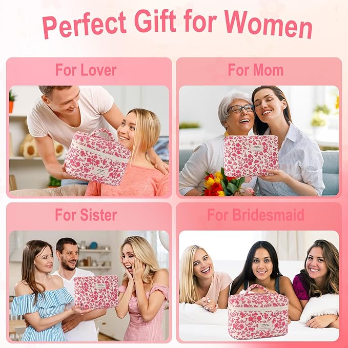 3Pcs Cotton Quilted Makeup Bag for Women Large Small Travel Cosmetic Bag Set Cute Pink Floral Print Makeup Pouch for Purse Portable Skincare Bags Coquette Vintage Puffy Travel Essential