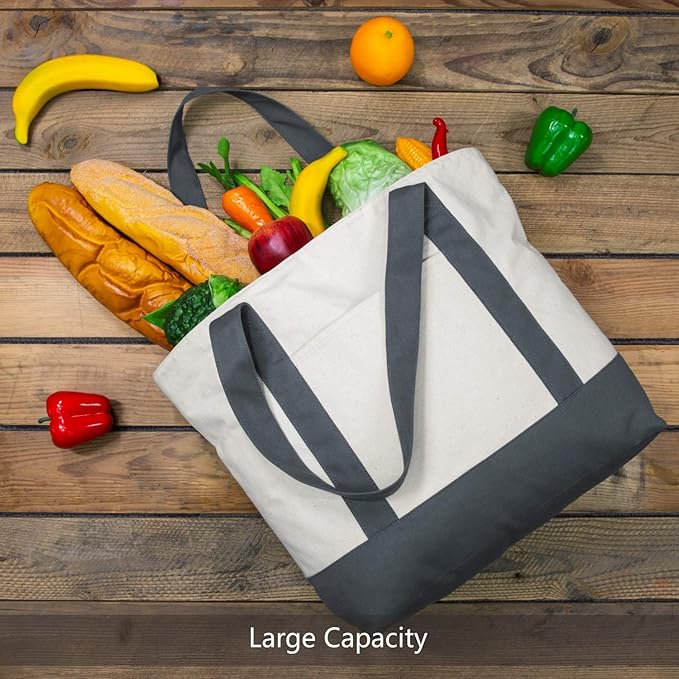 TOPDesign 6-Pack Canvas Tote Bags with an External Pocket, Reusable Grocery Shopping Bags, Top Zipper Closure, Daily Essentials (Grey/Natural)