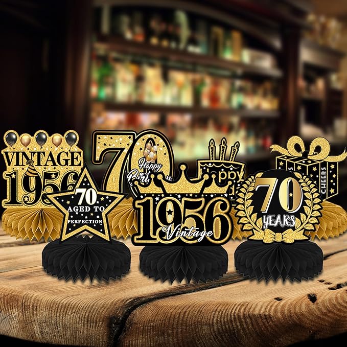 Refavor 70th Birthday Decorations Men, Happy Vintage 70 Years Old Honeycomb Centerpieces Party Decor for Women, 9pcs Cheer Black Gold Table Supples
