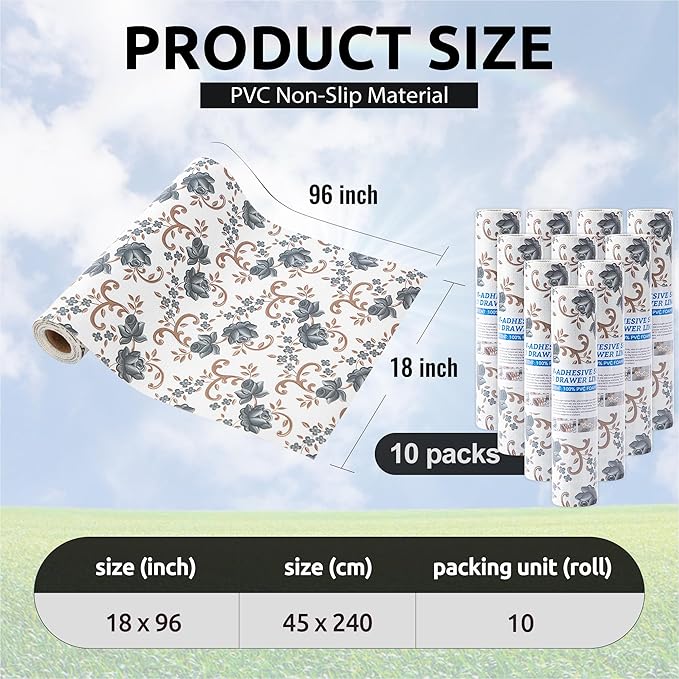 FIFTY FEET 18X96 Inch Shelf Liner for Kitchen Cabinets, PVC Drawer Liner for Dresser Non-Slip Bathroom, Non-Adhesive Cabinet Liner Washable (Black Floral)(10 Roll)