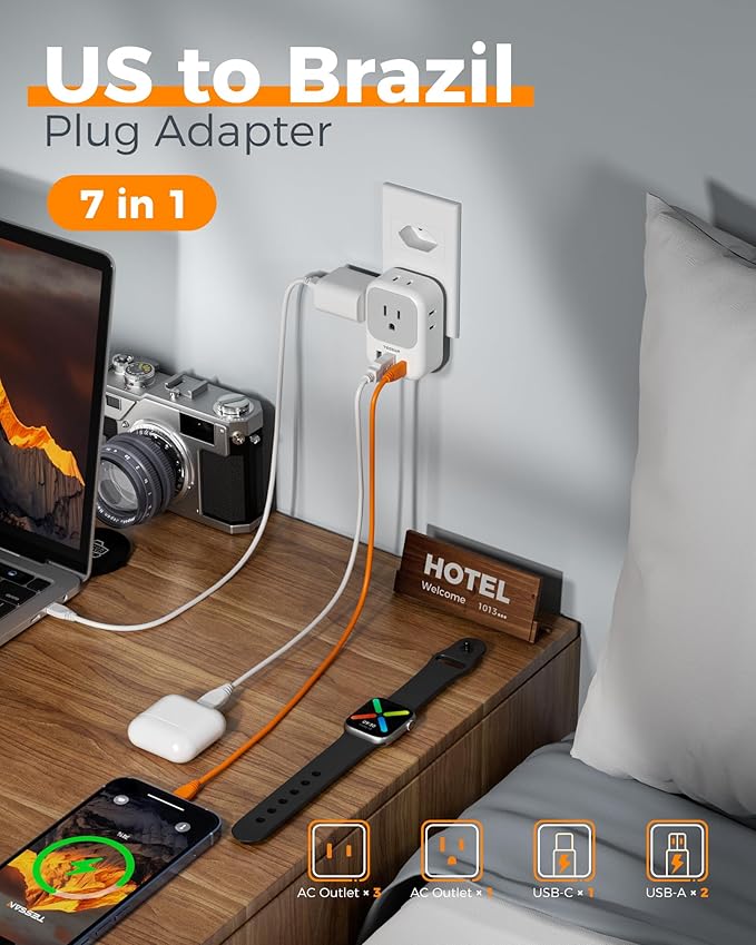 TESSAN Brazil Plug Adapter 2 Pack, 7-in-1 US to Brazil Power Adapter with 3 USB Ports (1 USB-C PD 20W Port), 4 American Outlets, Type N Travel Adapter for USA to Brazilian