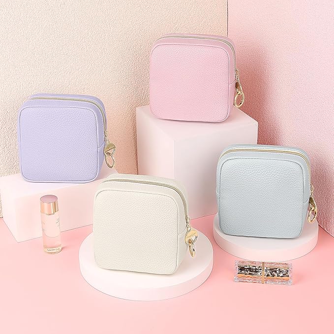 4.9" Small Makeup Bag for Purse, PU Leather Mini Cosmetic Bag with Ring Buckle, Portable Small Makeup Travel Toiletry Pouches for Women, Birthday/Wedding/Christmas Gifts (Beige)