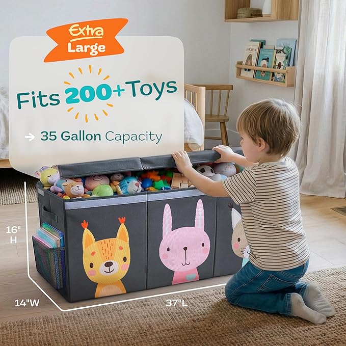 Extra Large Toy Storage Organizer with Lid - Sturdy, Collapsible Toy Chest Storage Box with Cute Design - Toys Bin with Dividers for Kids, Boys, Girls, Nursery, Bedroom, Play room 37"x16"x14"